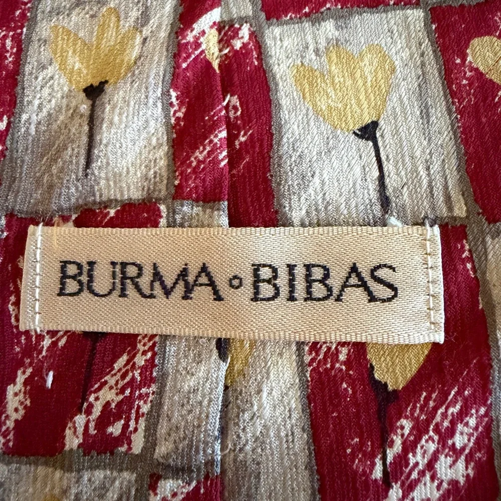 Burma Bibas Silk Necktie Men OS Red Floral Grid Pattern Artistic Professional